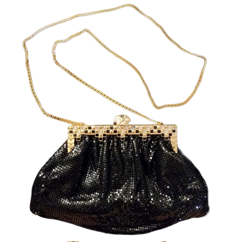 Whiting & Davis vintage black metal mesh evening frame crossbody bag clutch